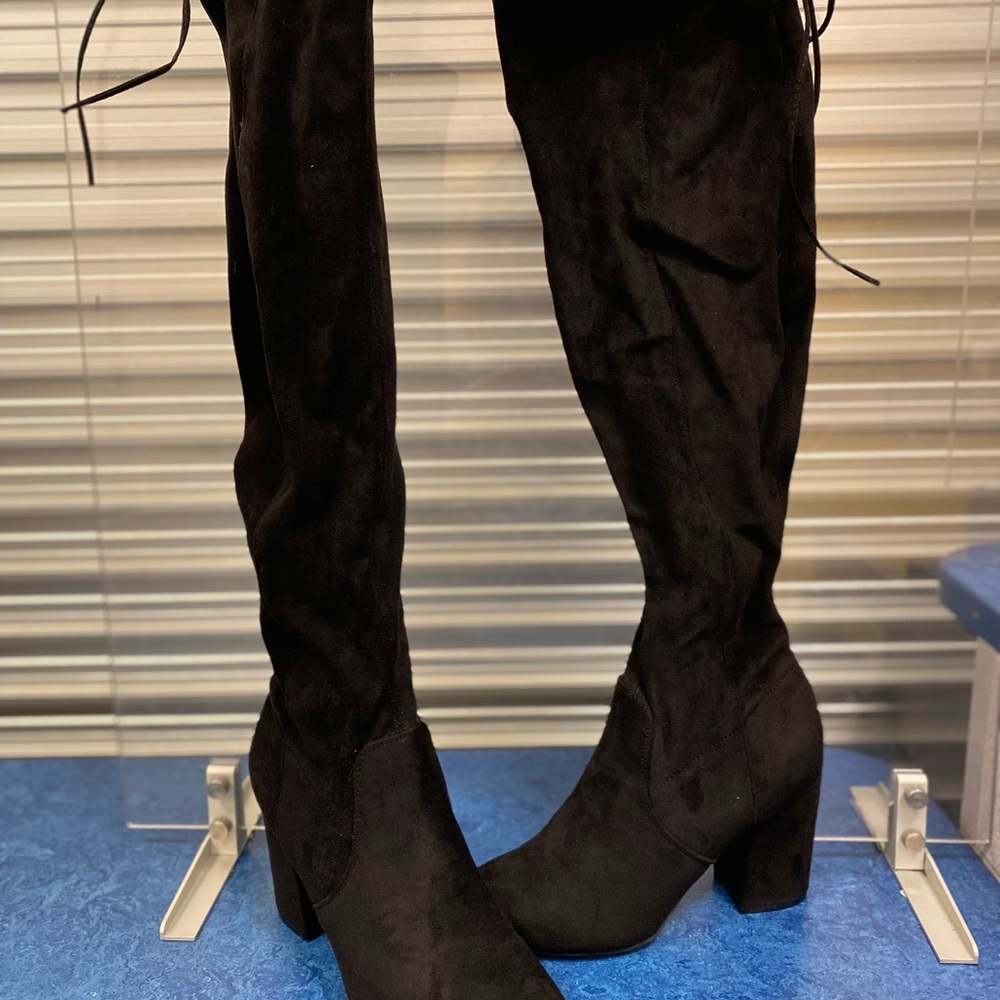 Sugar Black Over the Knee Boots with Chunky Heel and Soft Suede Material